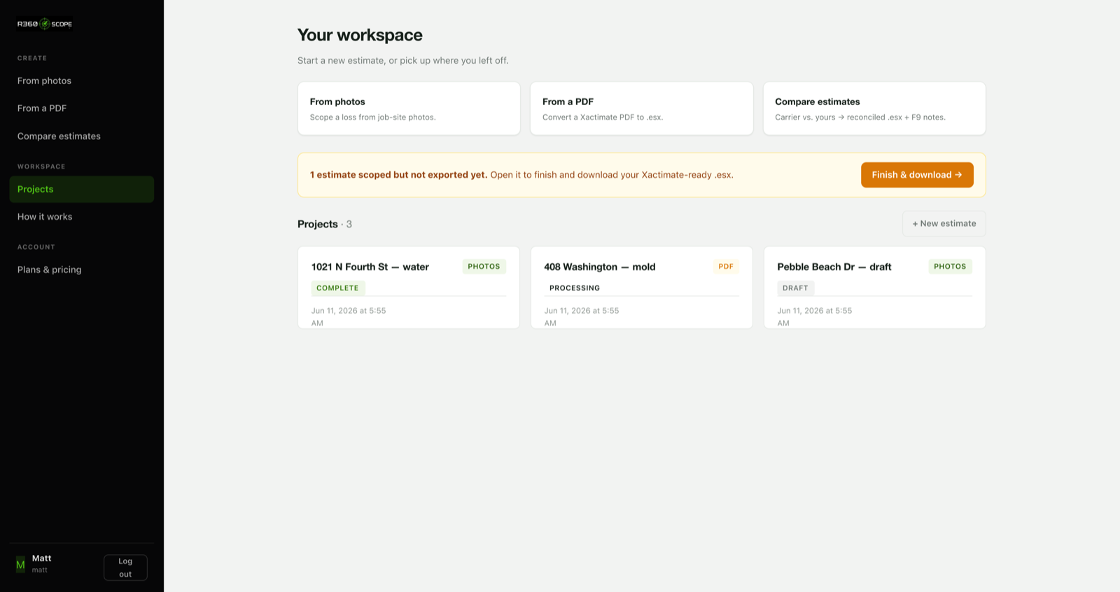 The R360scope workspace: projects list with estimates ready to download